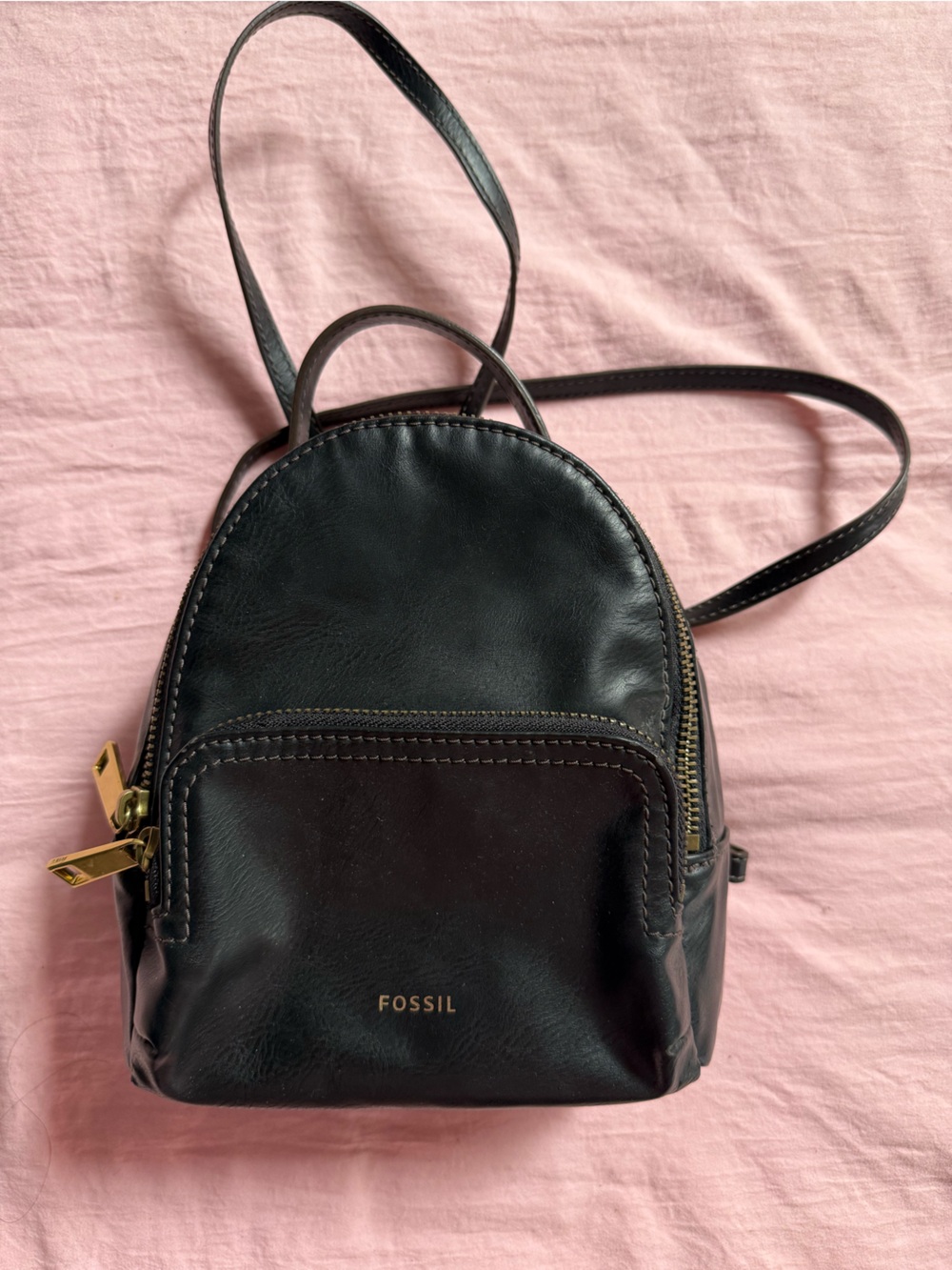 Fossil Black Leather Small backpack/crossbody with Gold Hardware